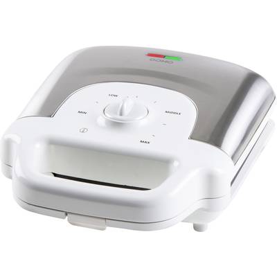 A white sandwich maker with a silver lid, temperature control and operation and standby indicator lights on top.