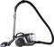 A bagless vacuum cleaner with a long hose and multiple attachments. Ideal for efficient floor cleaning.