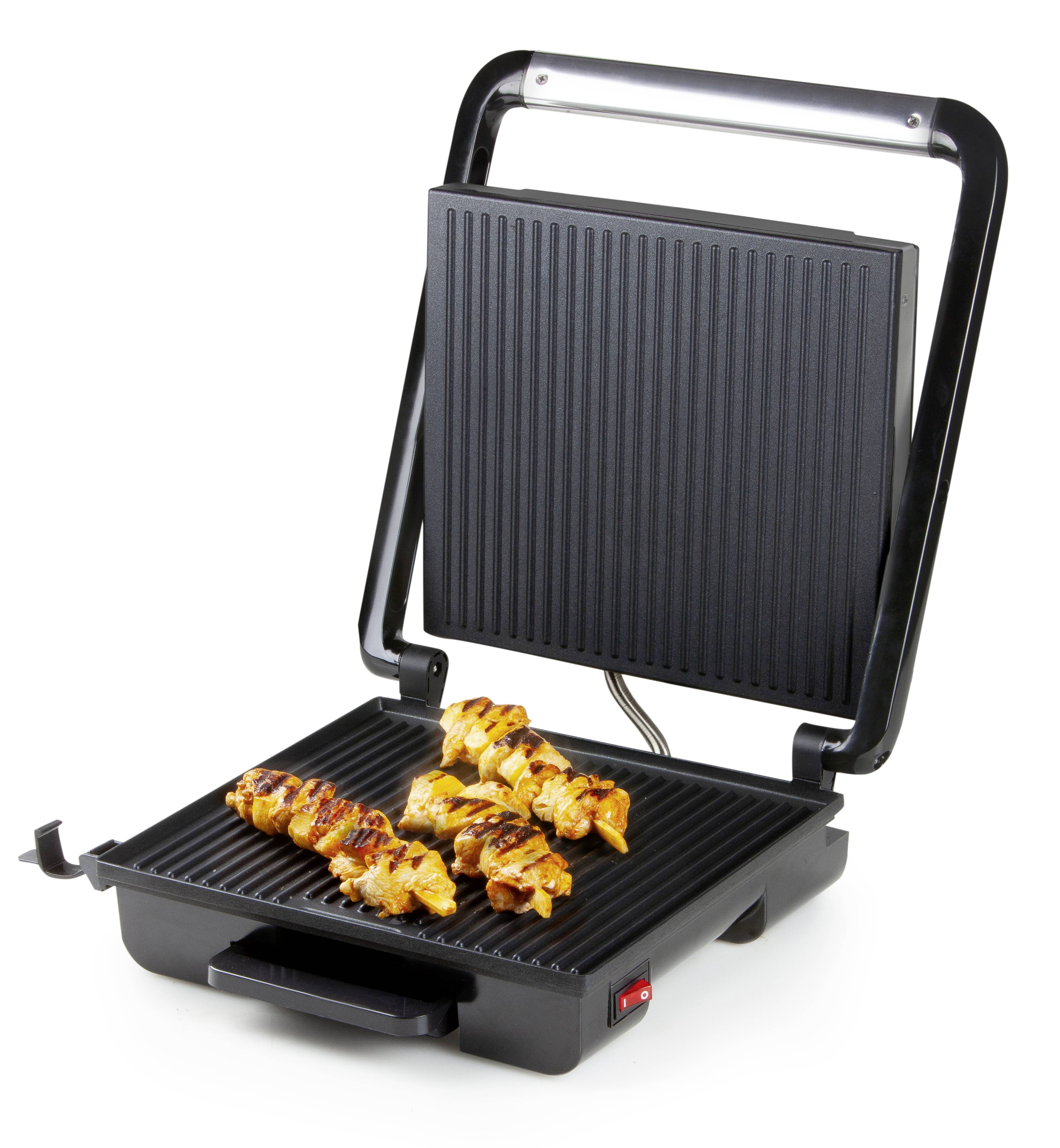Electric barbecue with the lid open, chicken skewers grilling on the griddle plate.