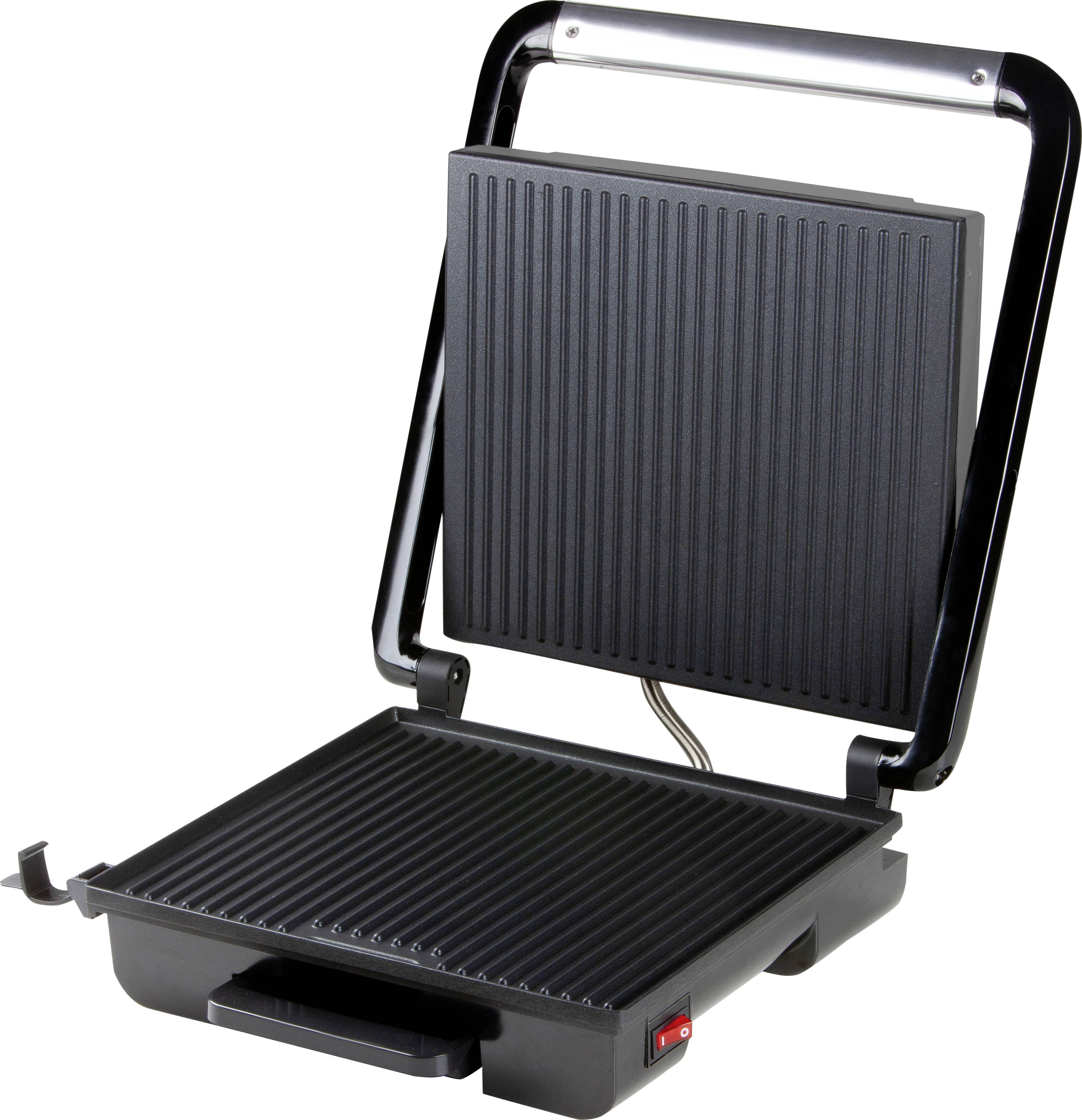 Electric contact grill with ribbed grilling surface, open. Suitable for grilling meat, vegetables or sandwiches.