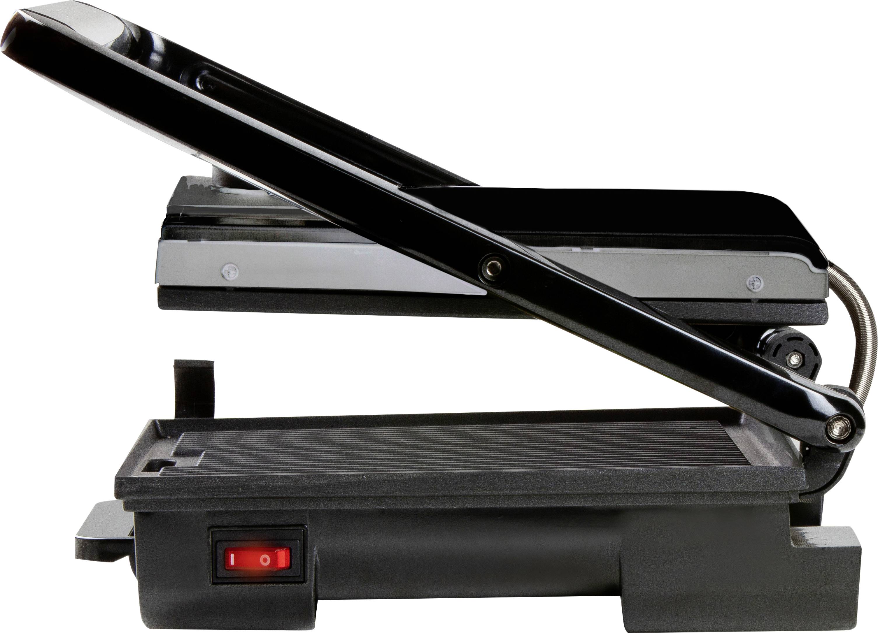 A panini grill with an open lid. A red switch on the front indicates the power supply.