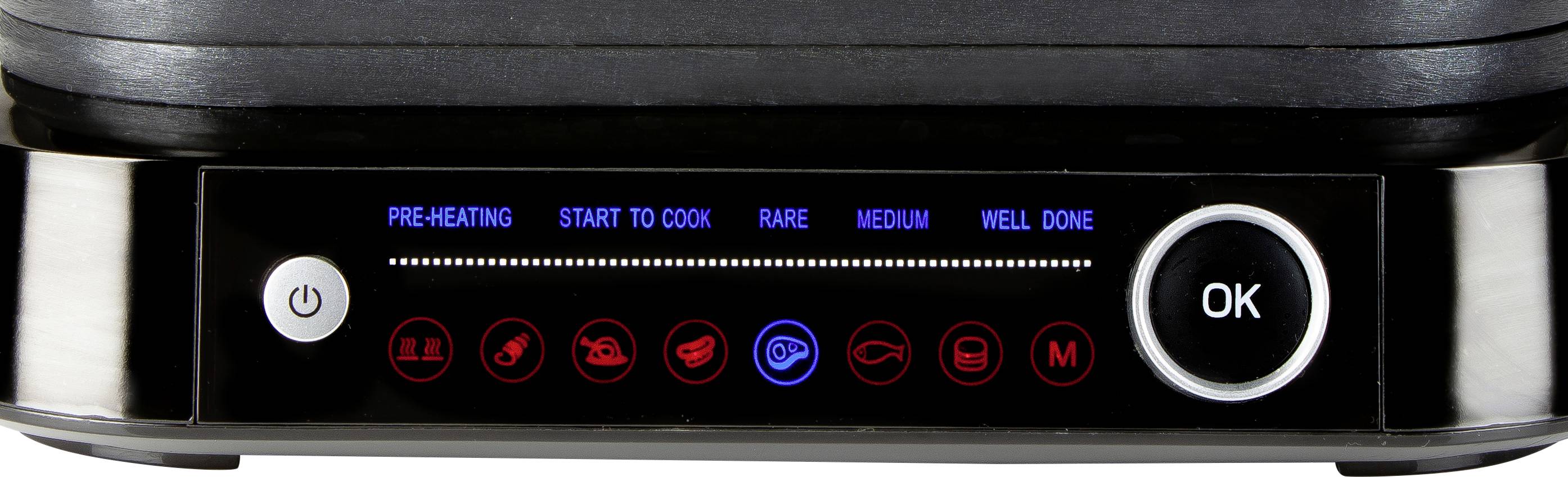 Close-up of a digital steak grill display with text: 'Pre-heating', 'Start to Cook', 'Rare', 'Medium', 'Well Done' and several control symbols.