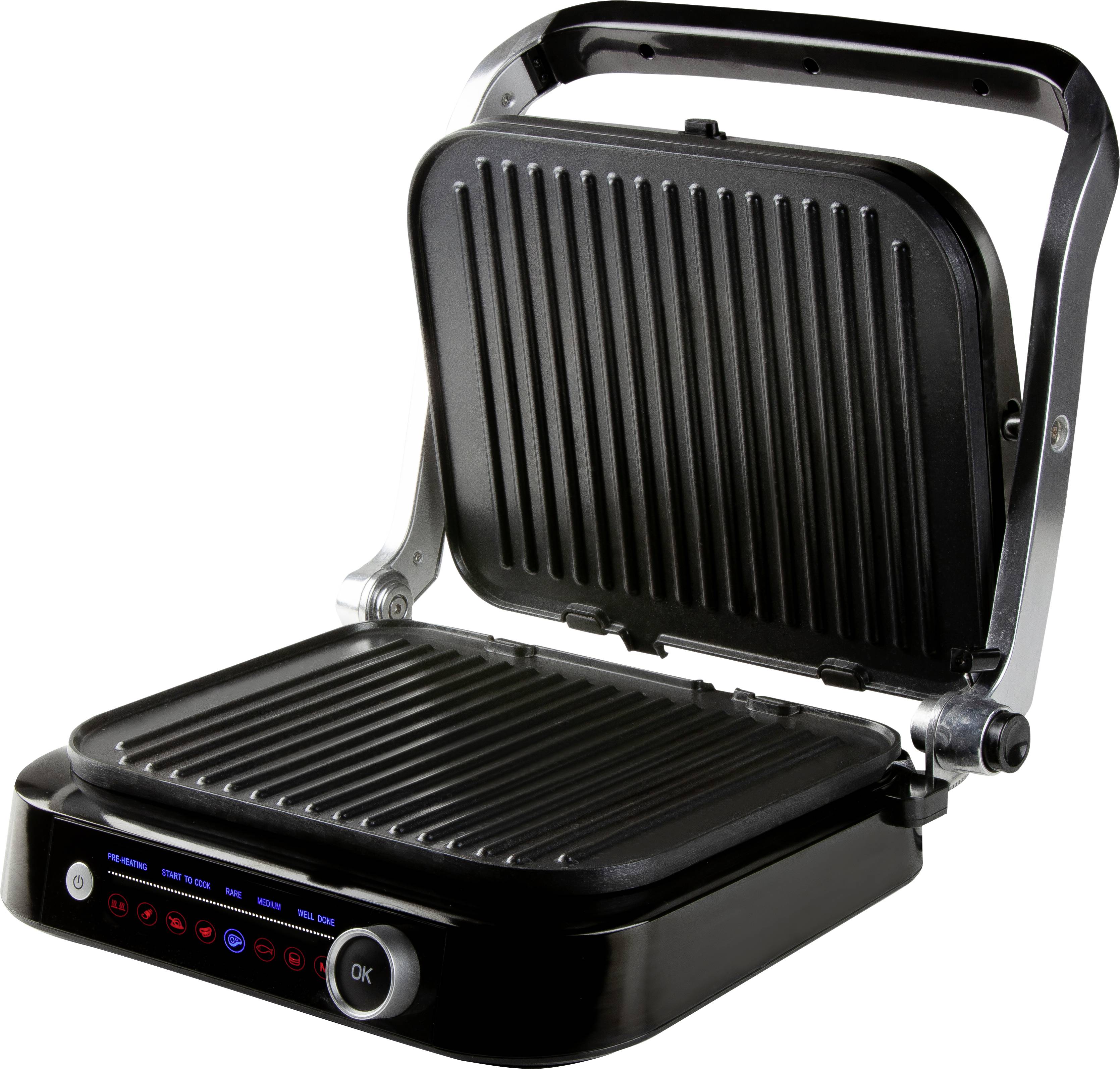 A contact grill with an open design, featuring a ridged grilling surface, black casing, and a control panel with blue and red indicator lights on the front.