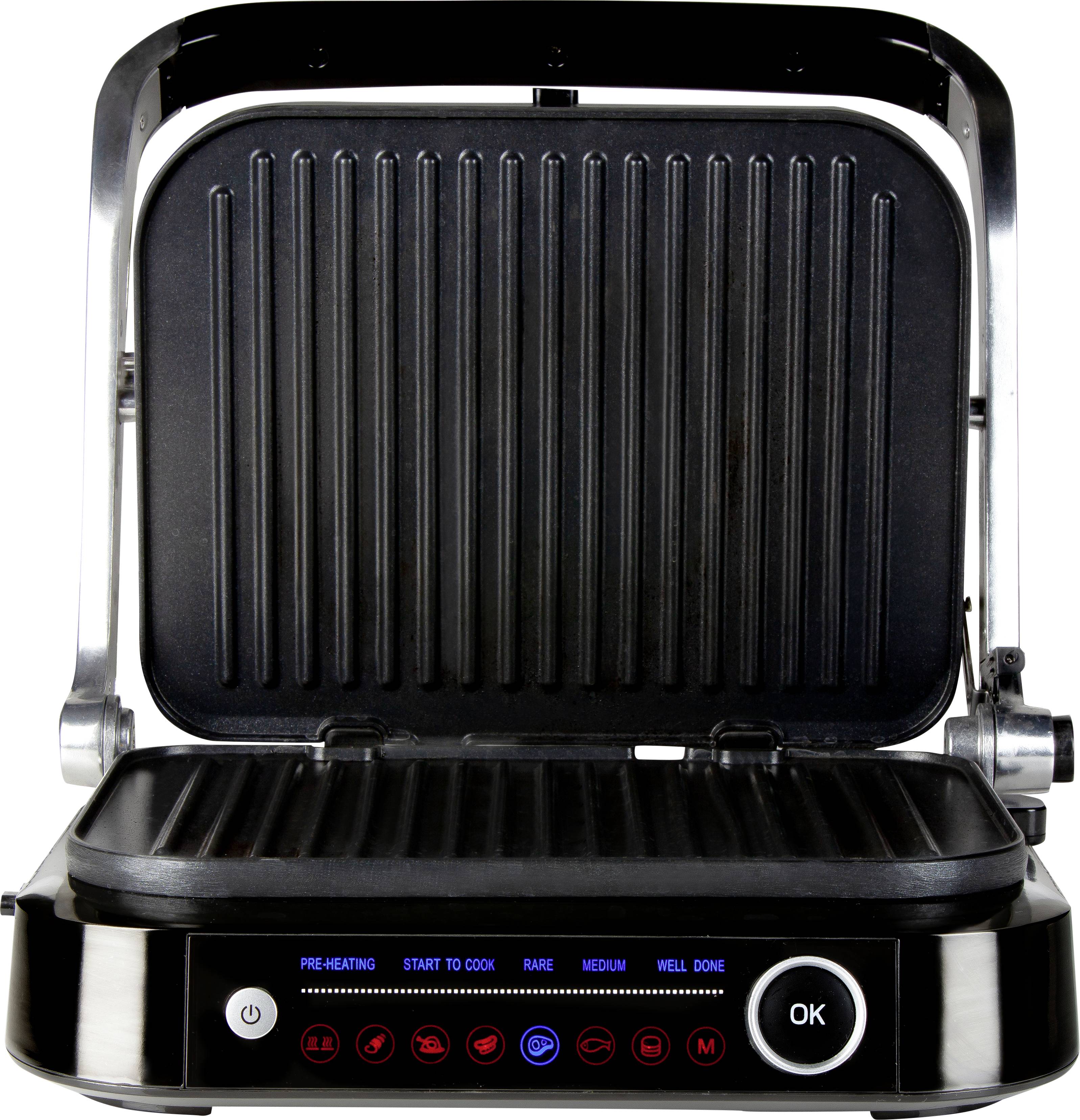 An electric contact grill with an open lid and control panel below; various grilling levels and settings are visible.