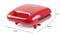 Red electric sandwich maker. Dimensions: 229 mm wide, 110 mm high, 230 mm deep. Perfect for quick snacks at home.