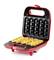 Red waffle maker with open lid, containing six baked Belgian waffles in oblong shape, device set against white background.