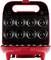 A red donut maker with eight round moulds for preparing small doughnuts. Lid open, device ready for baking.
