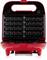 A red waffle maker with an open lid displays non-stick coated plates for making rectangular waffles.