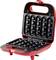 A red, open waffle maker with special moulds for waffle sticks. Ideal for preparing snack waffles in stick form.