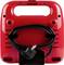 Red sandwich maker viewed from behind, black cable coiled, rectangular shape, handle on top, functional kitchen appliance view.