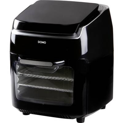 Black hot air fryer with two wire racks, a folding door and the inscription 'DOMO' on the front.