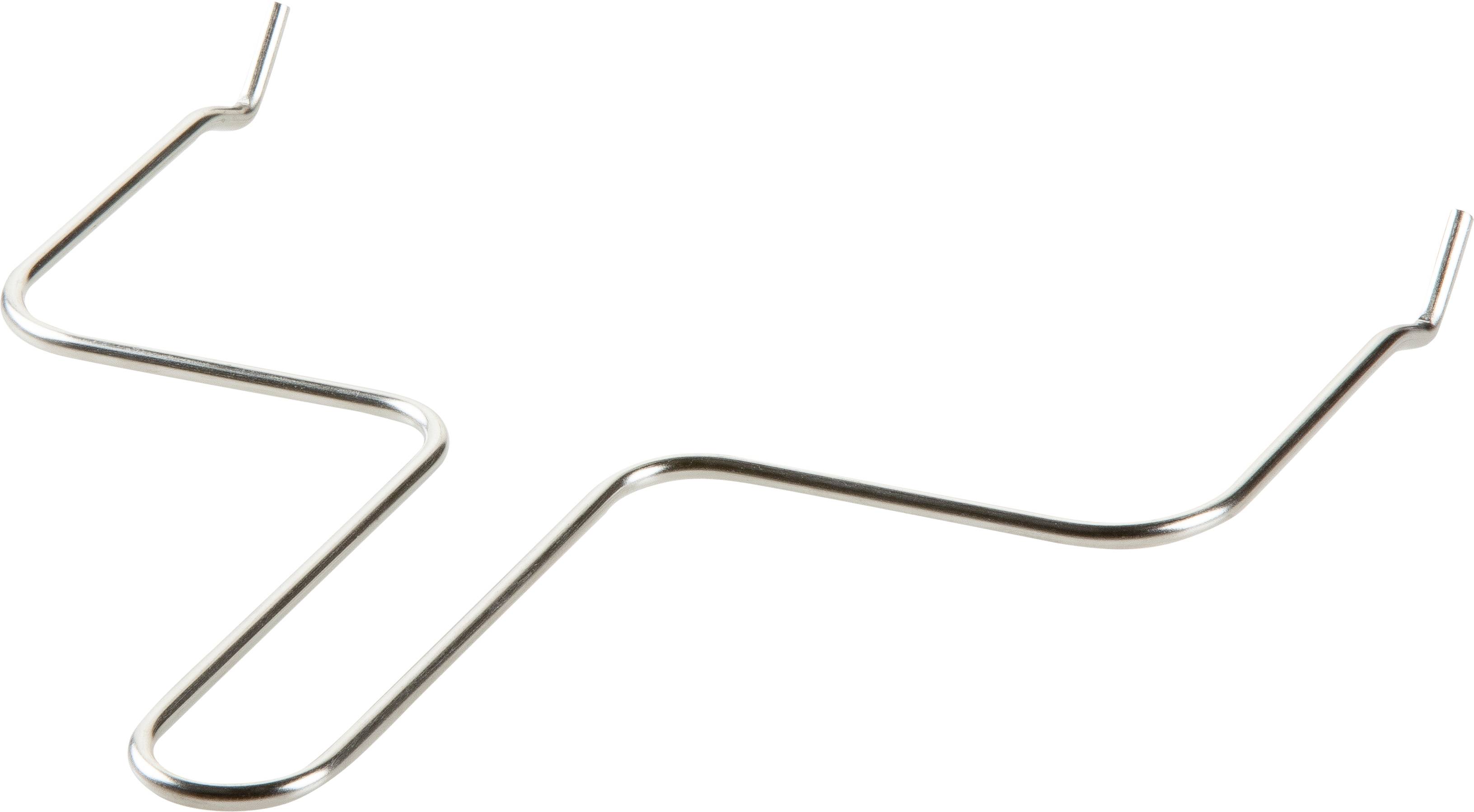 A curved, metallic wire bracket in a Z-shape, possibly part of a suspension system or mounting bracket.