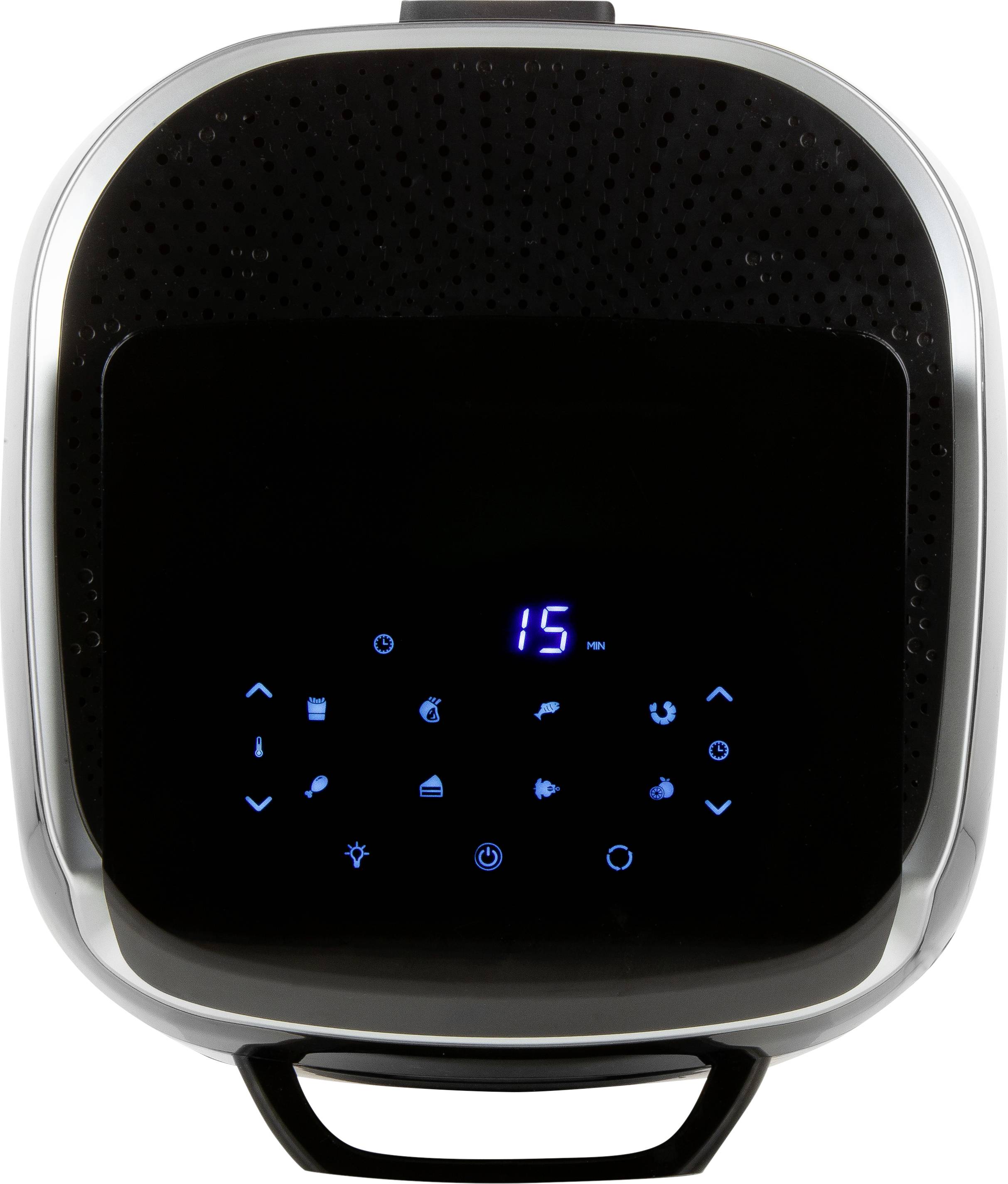 A digital screen of a device displays the number '15', surrounded by various blue functional symbols.