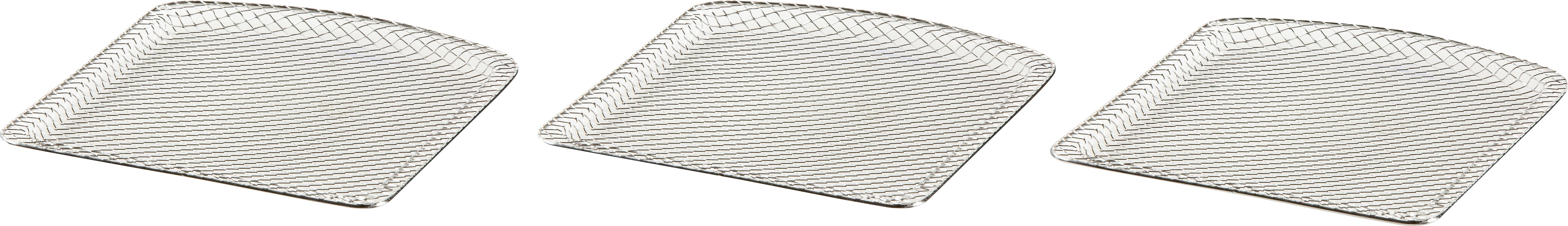 Three silver square trays with a textured surface, arranged side by side.