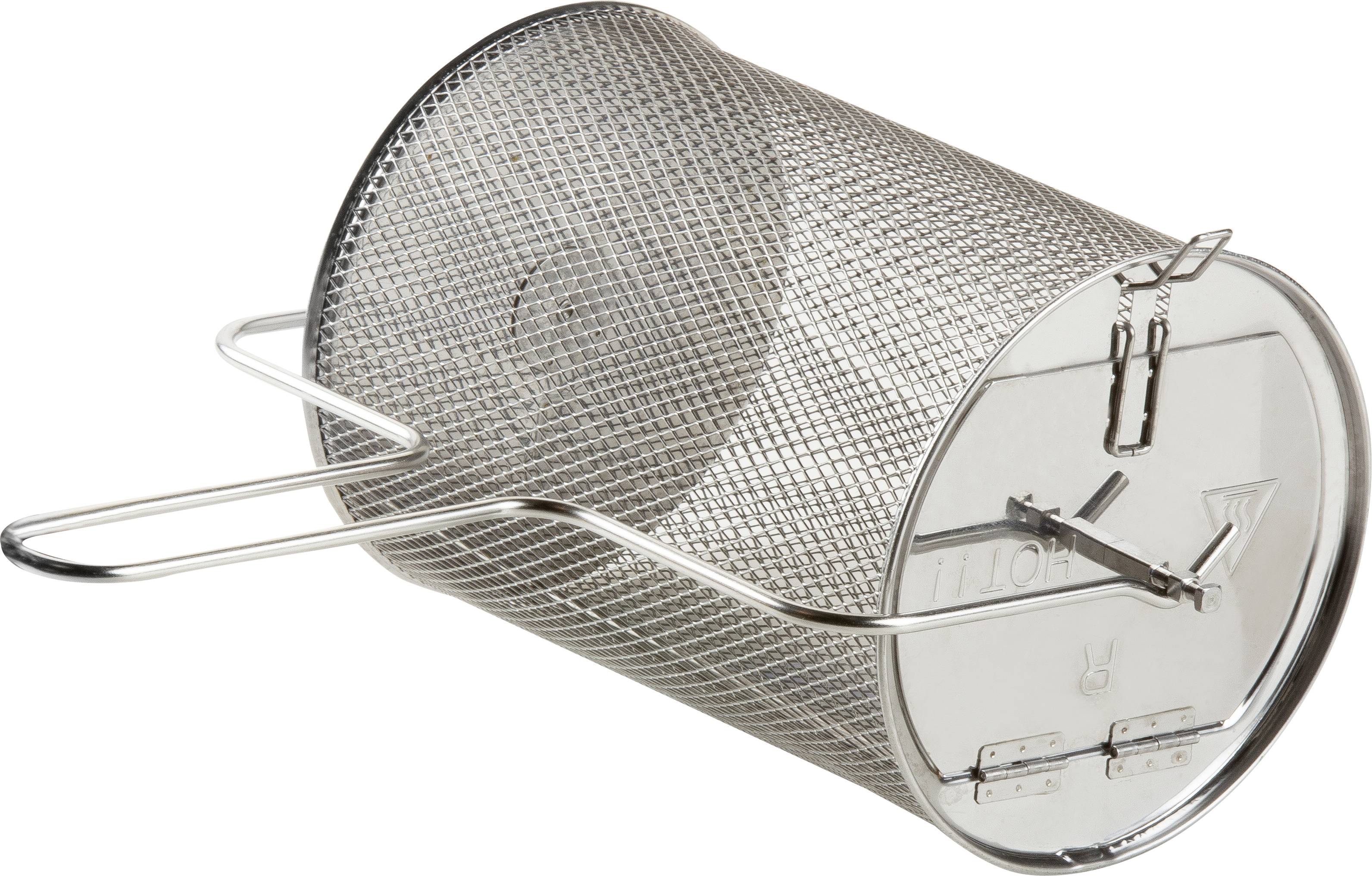 A cylindrical metal basket with a removable lid and two handles. It is used for storing or preparing food.