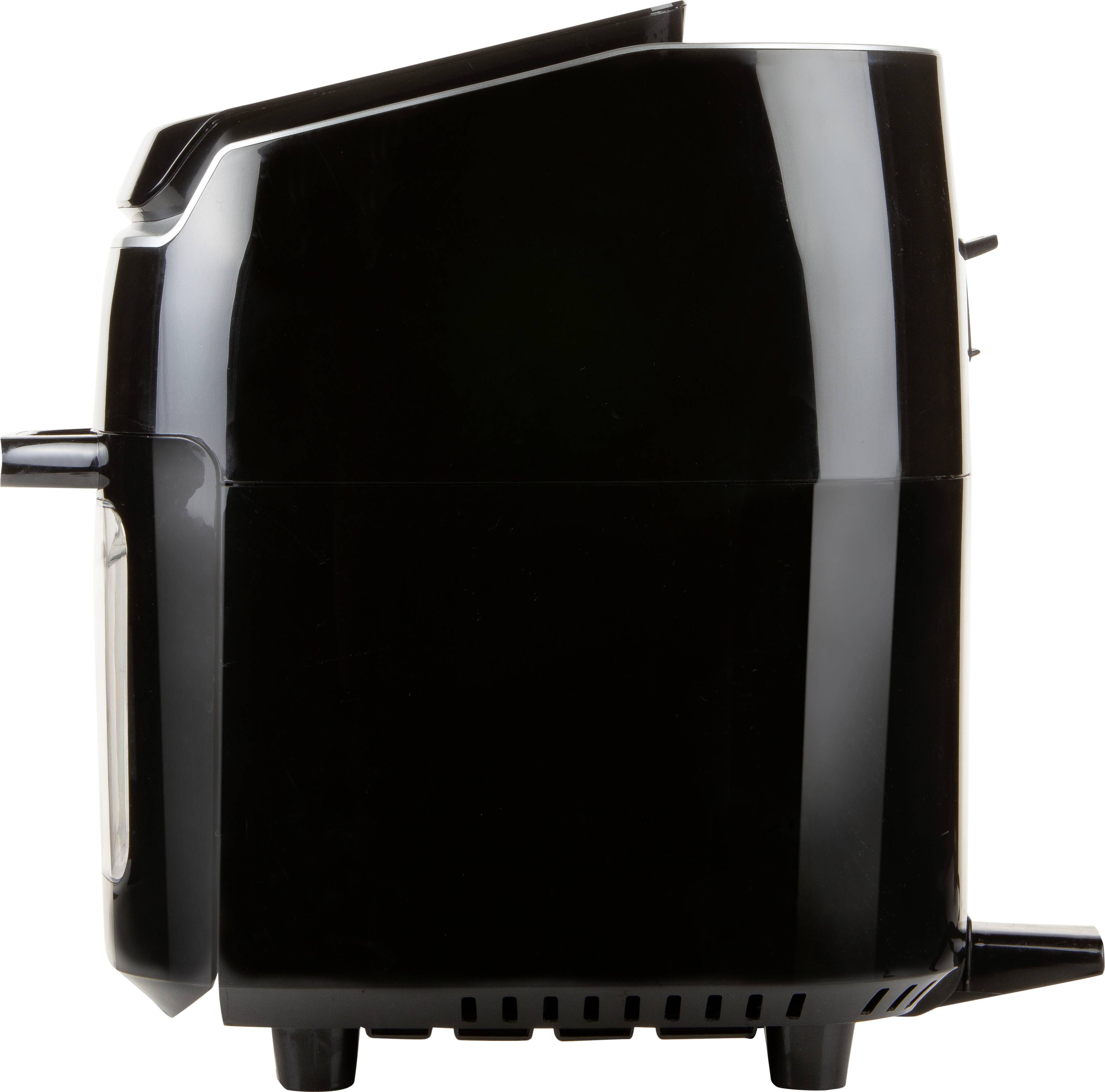 'Black toaster viewed from the side, with sleek design and minimal controls.'