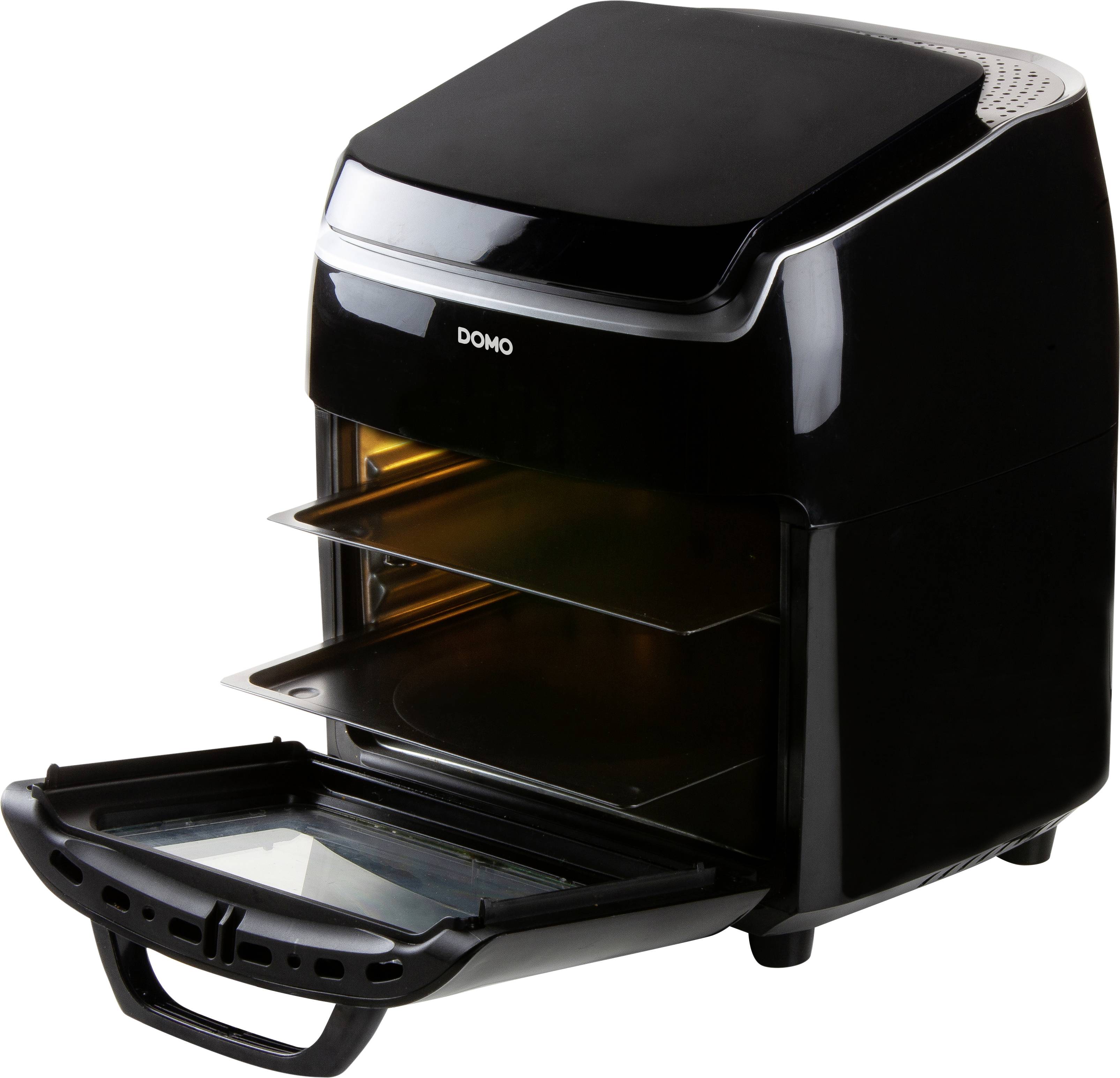 A black compact oven with an open door and two pull-out shelves, perfect for small kitchen spaces.