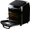A black compact oven with an open door and two pull-out shelves, perfect for small kitchen spaces.