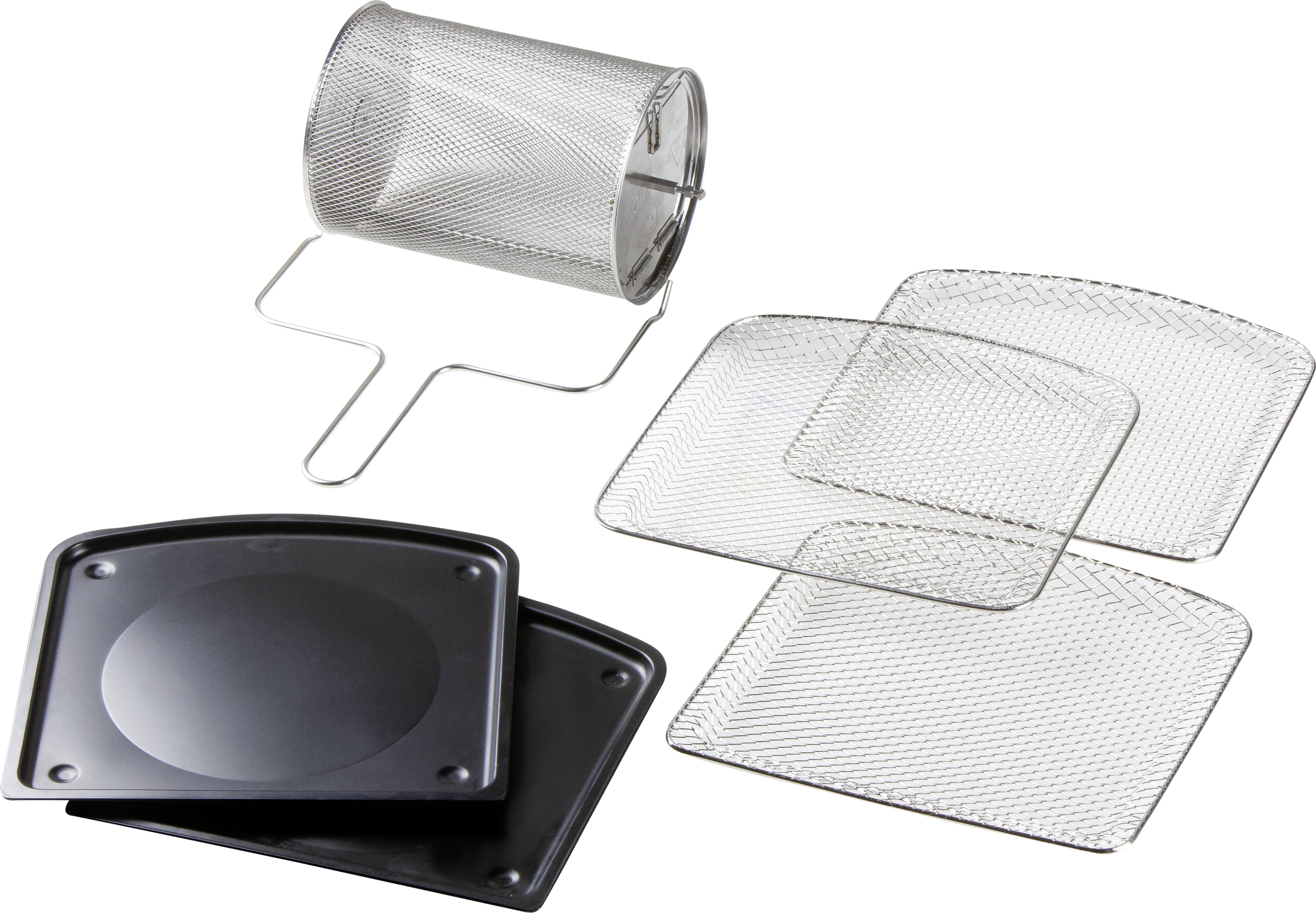 A set of air fryer accessories: a wire basket, two baking trays and three wire trays, all made of metal, for preparing various dishes.