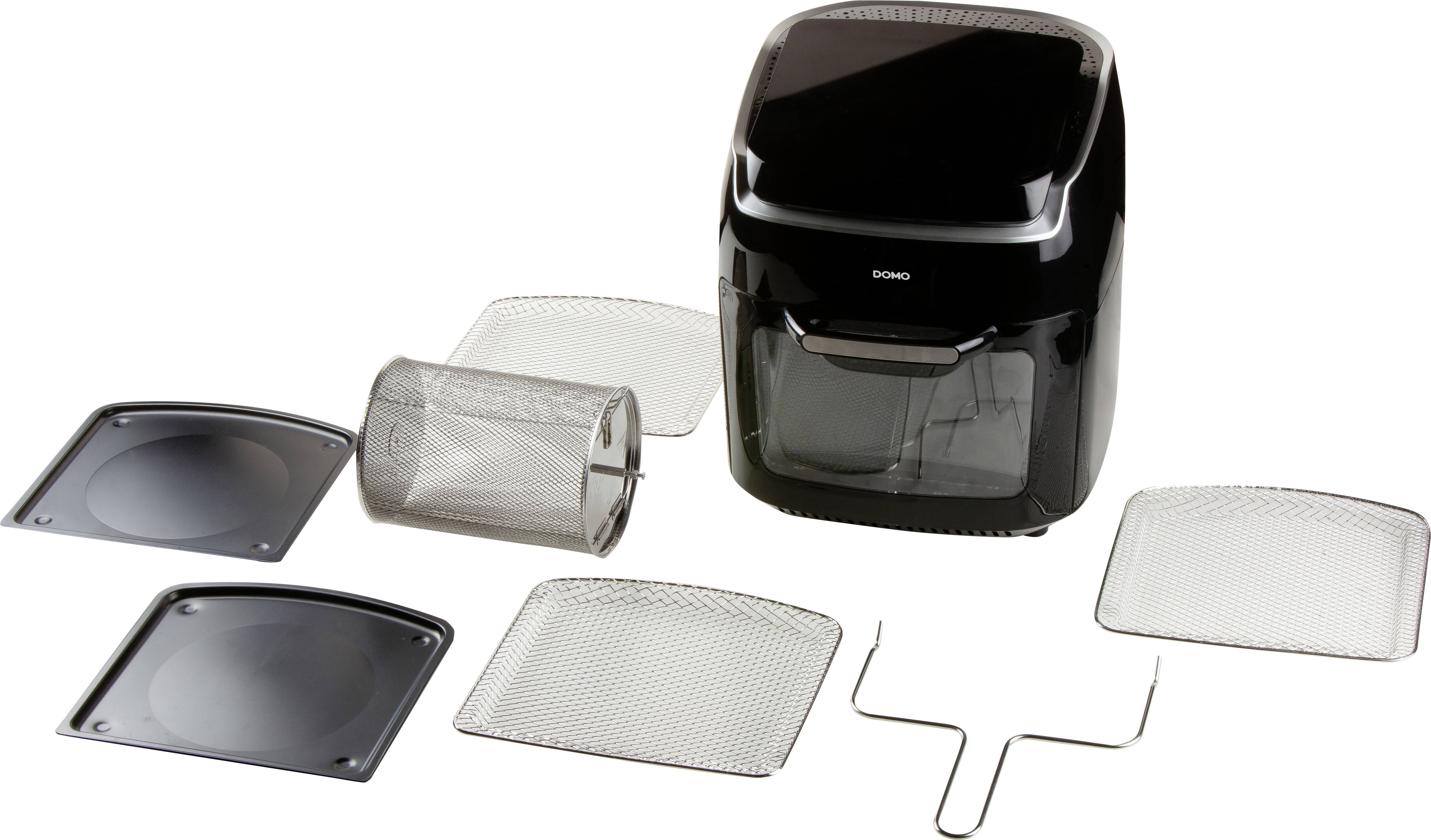 Black hot air oven with removable grids and accessories, including cooking basket and various baking trays.