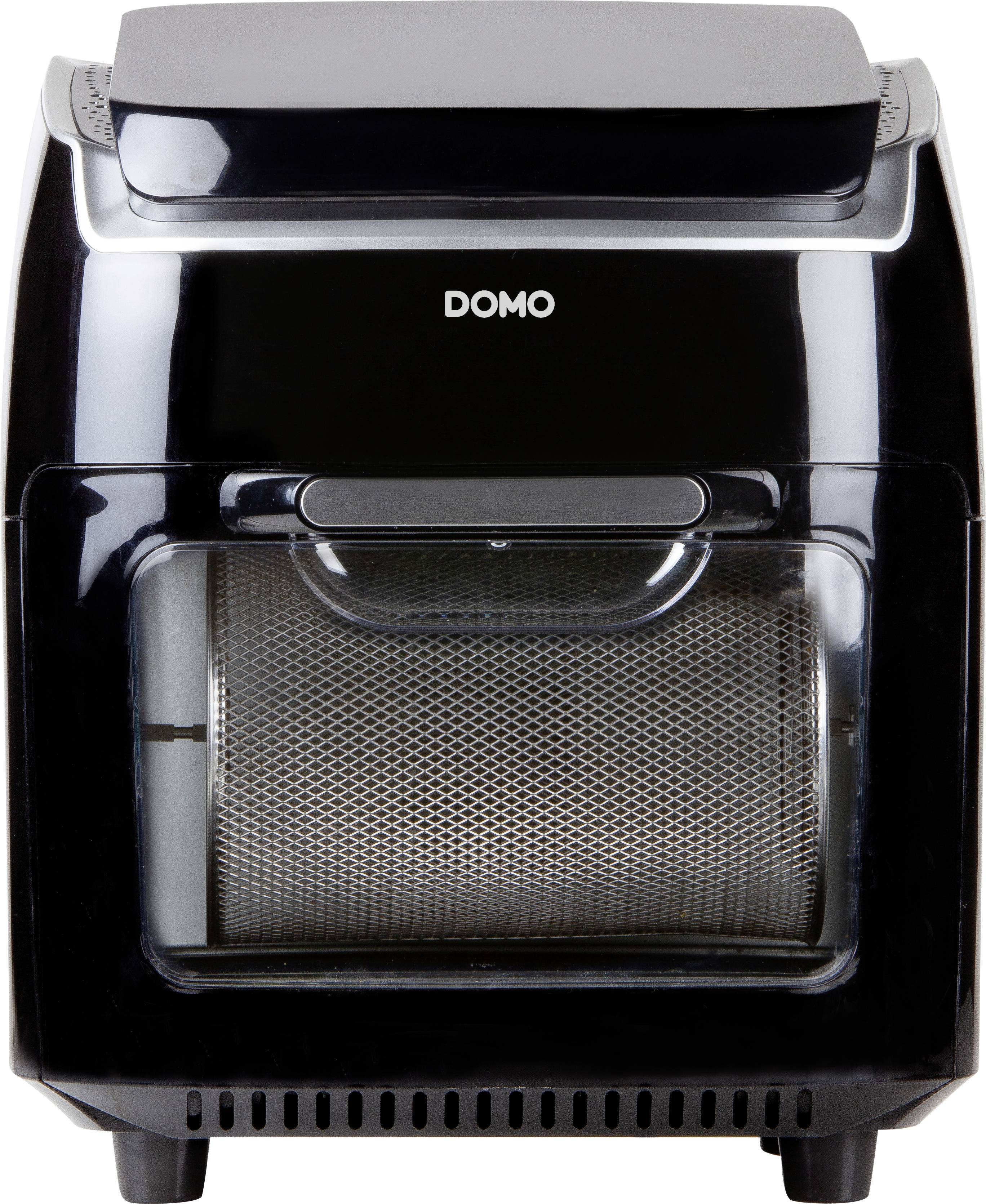 Black Domo hot air fryer with transparent front door and rotating inner basket, suitable for oil-free frying.