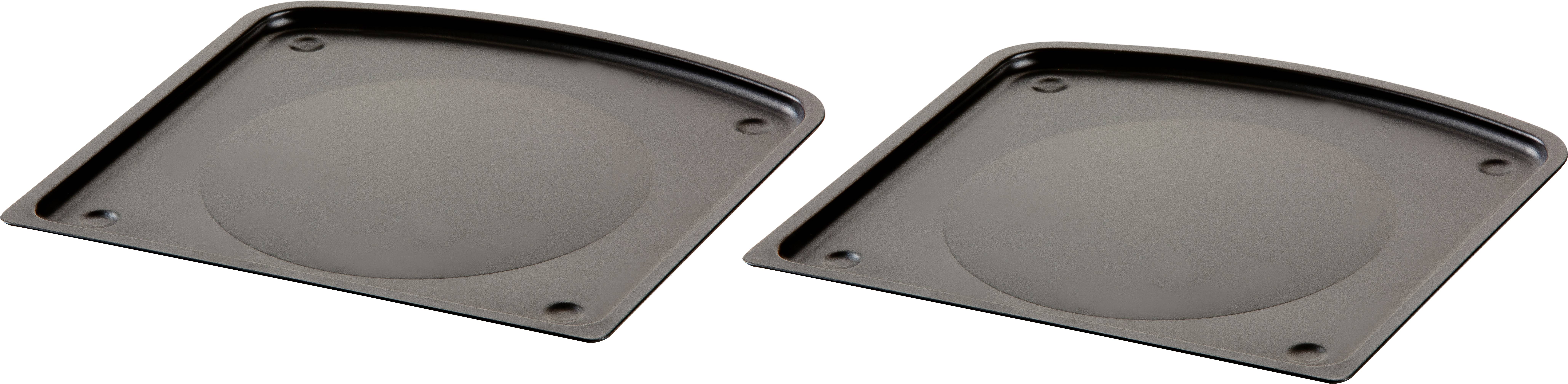 Two black rectangular storage surfaces with a slightly raised edge, side by side on a white background.