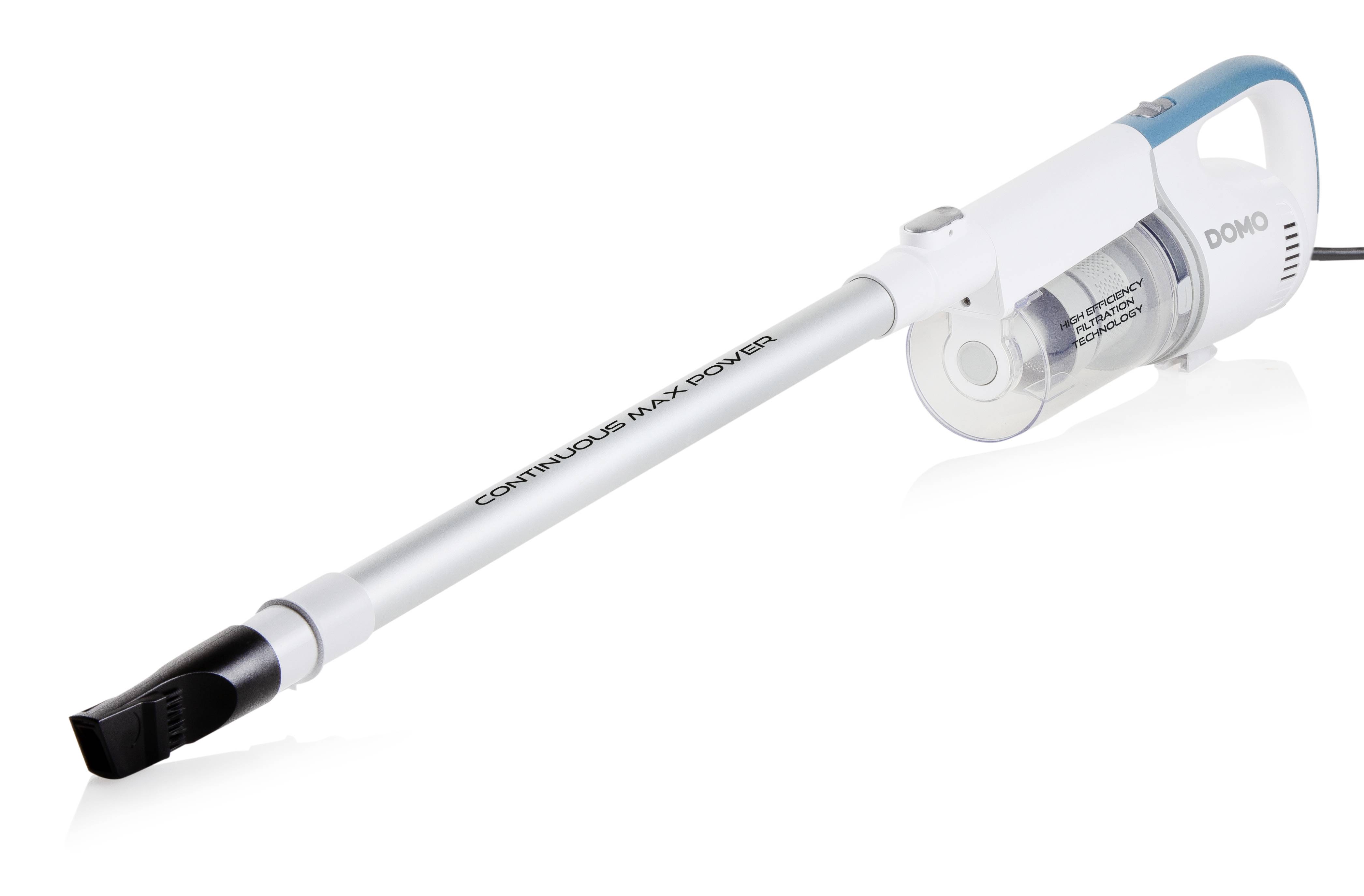 Cordless vacuum cleaner in white, with long suction tube and attachment, positioned on a white background.