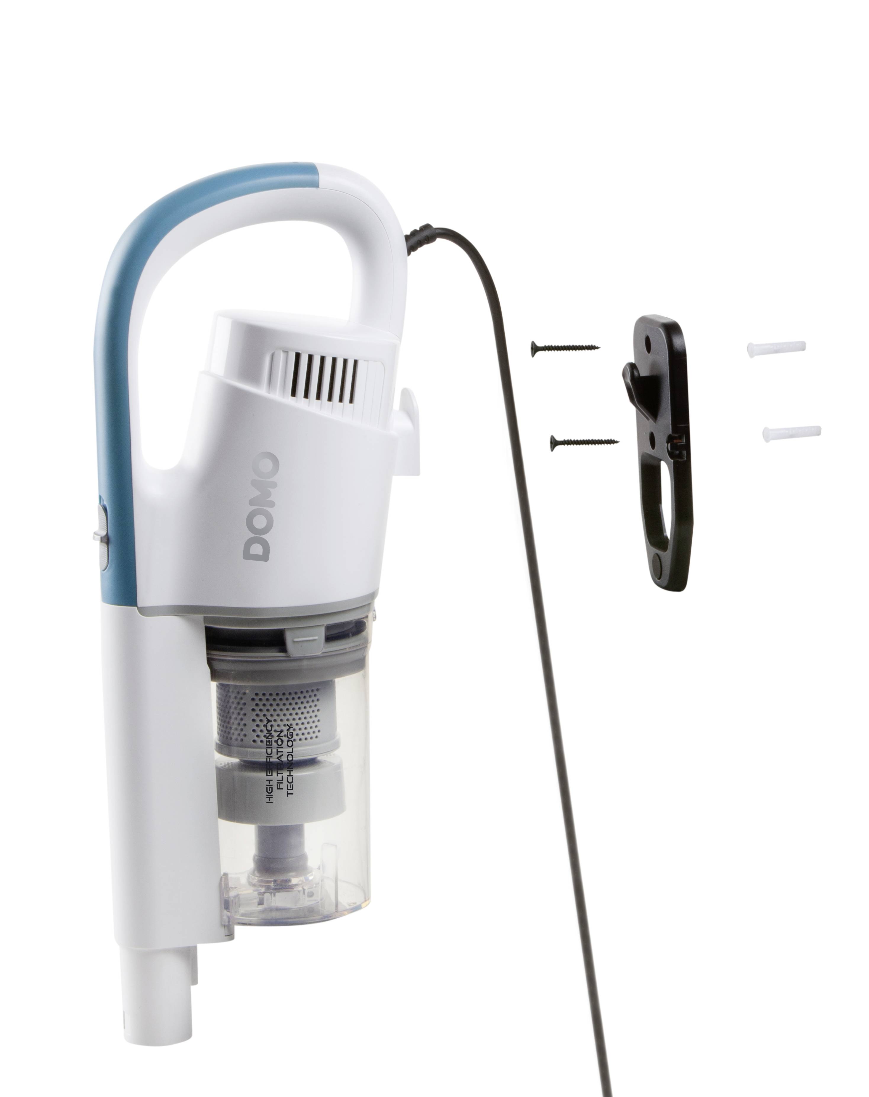 Portable corded handheld vacuum cleaner with wall mount; shows vacuum with transparent dust container and mounting accessories.