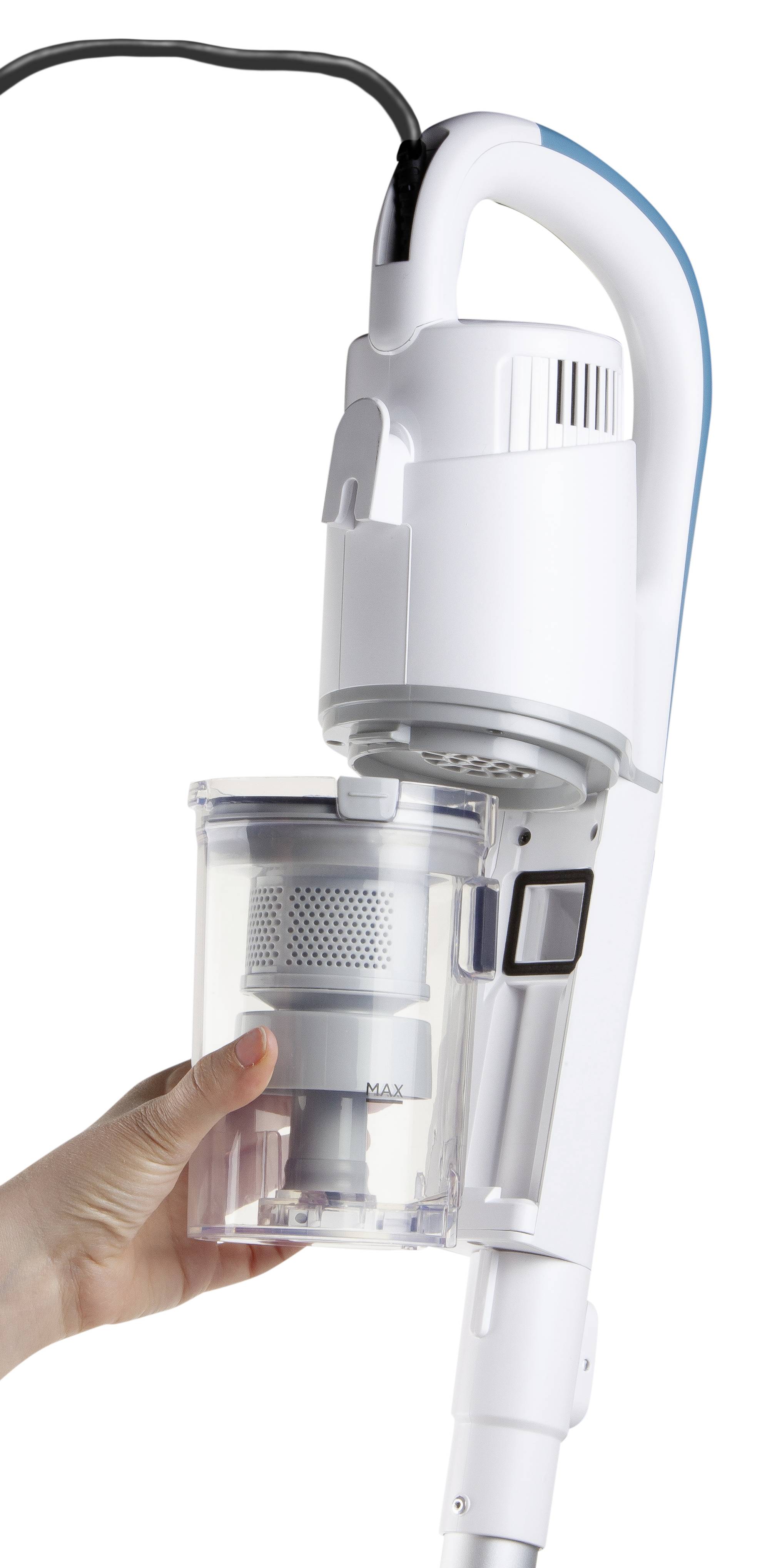 A handheld vacuum cleaner with a transparent dust container being lifted by a hand. The vacuum cleaner is white with blue accents.