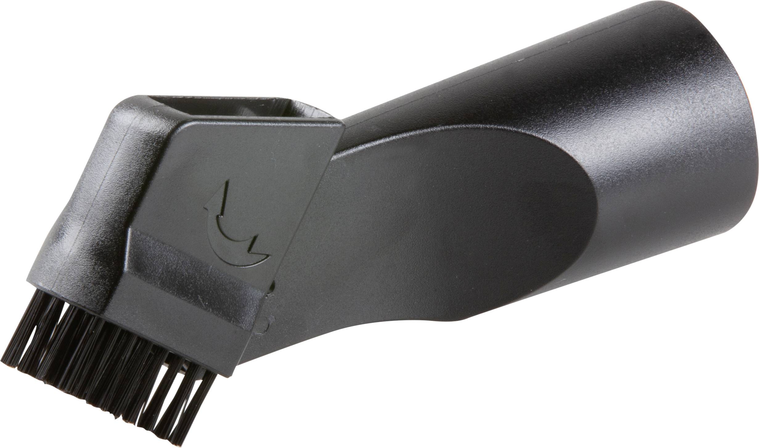 Black vacuum cleaner nozzle with integrated brush attachment. Ideal for cleaning delicate surfaces and hard-to-reach areas.