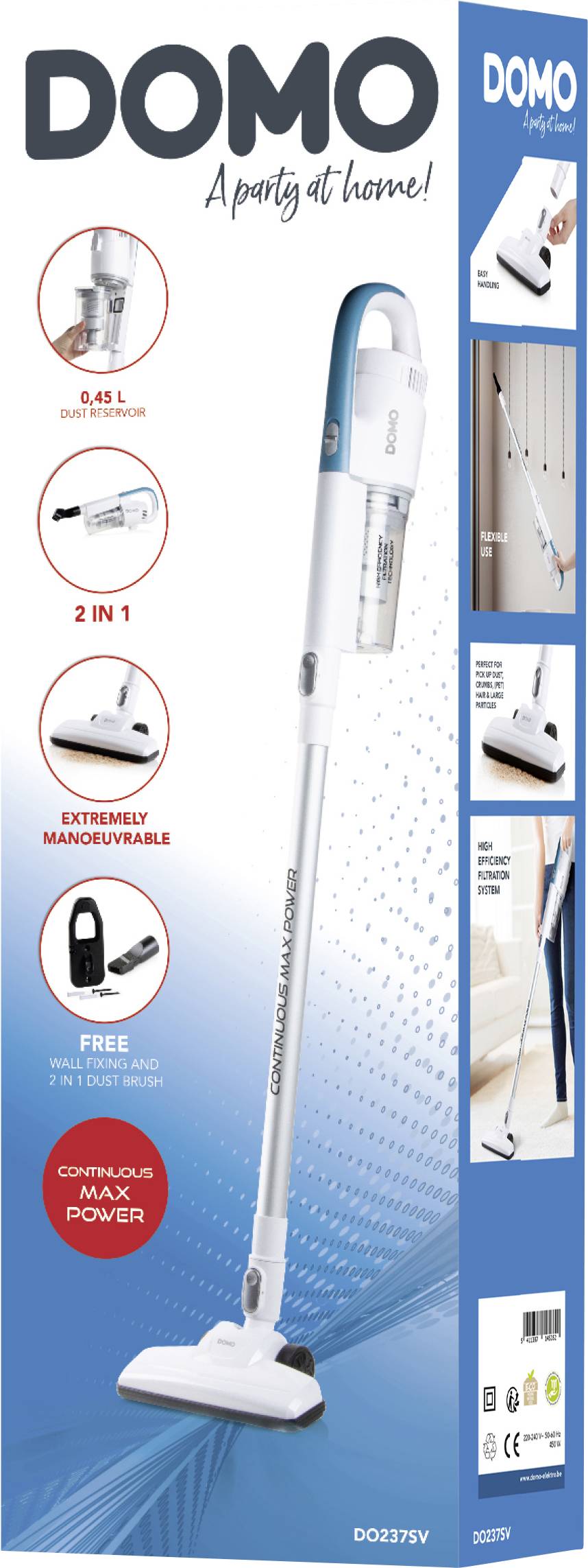 Cordless vacuum cleaner with blue and white design. '2-in-1' function and 'Extremely manoeuvrable'. Suitable for hard floors, including attachment.