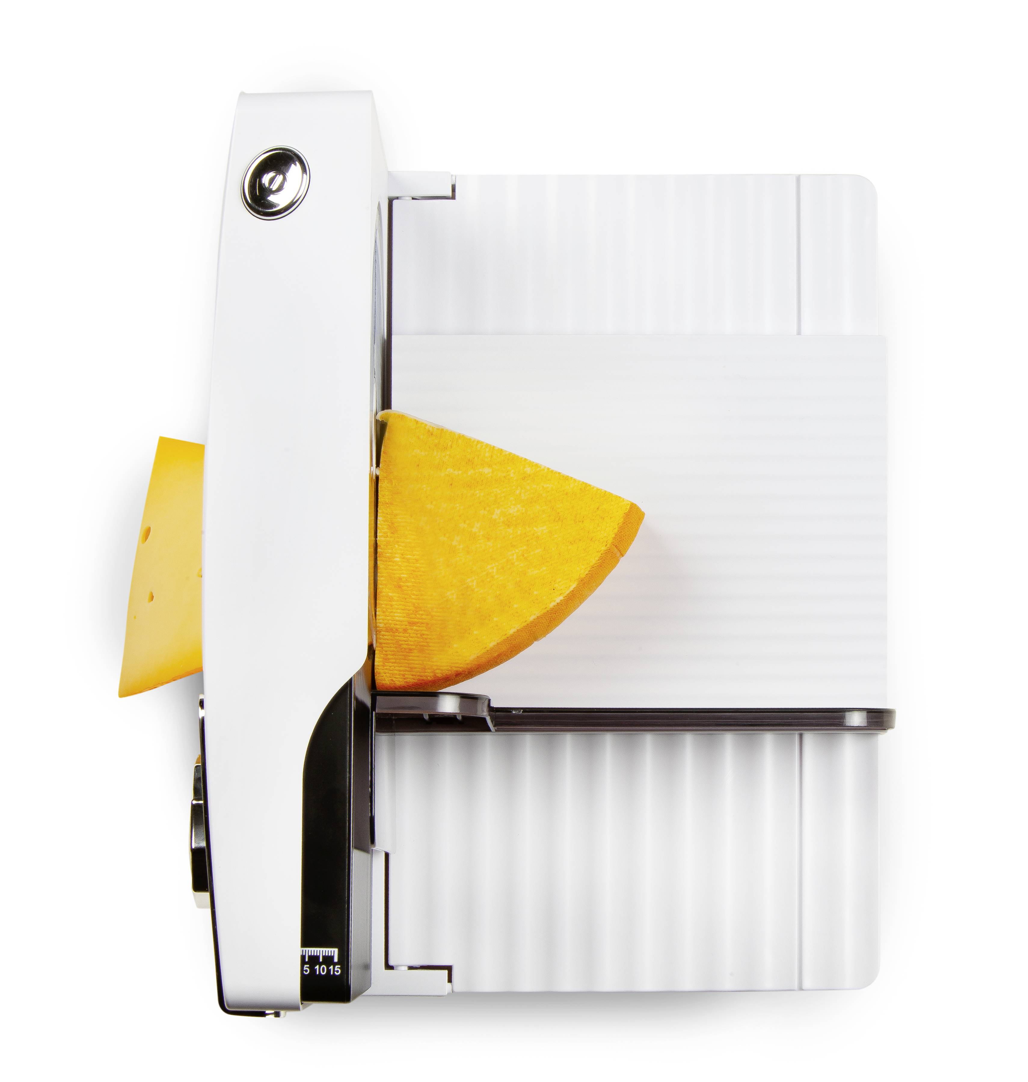 'A bread-slicing machine with a slice of cheese.'