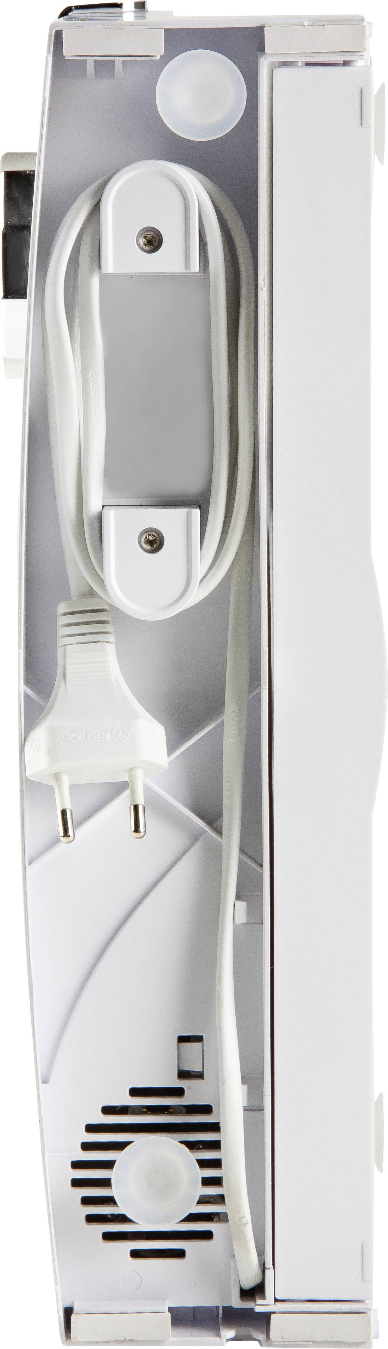 A vertical household scale with a suspension point and a cable with plug, ideal for space-saving storage.