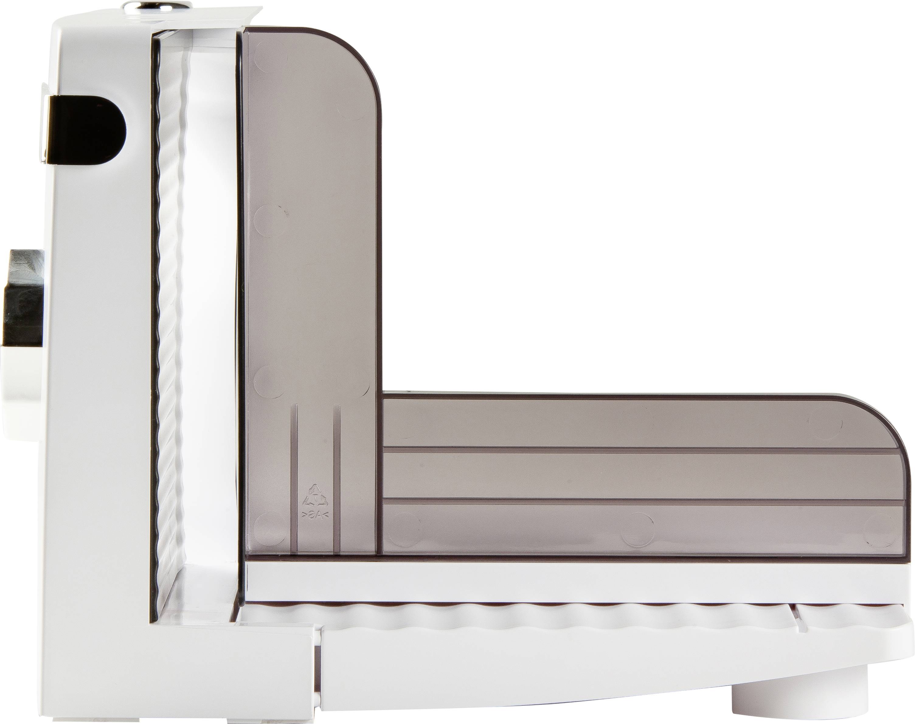 An electric food slicer with transparent guard, suitable for precise cutting of foods such as bread and cold meats.