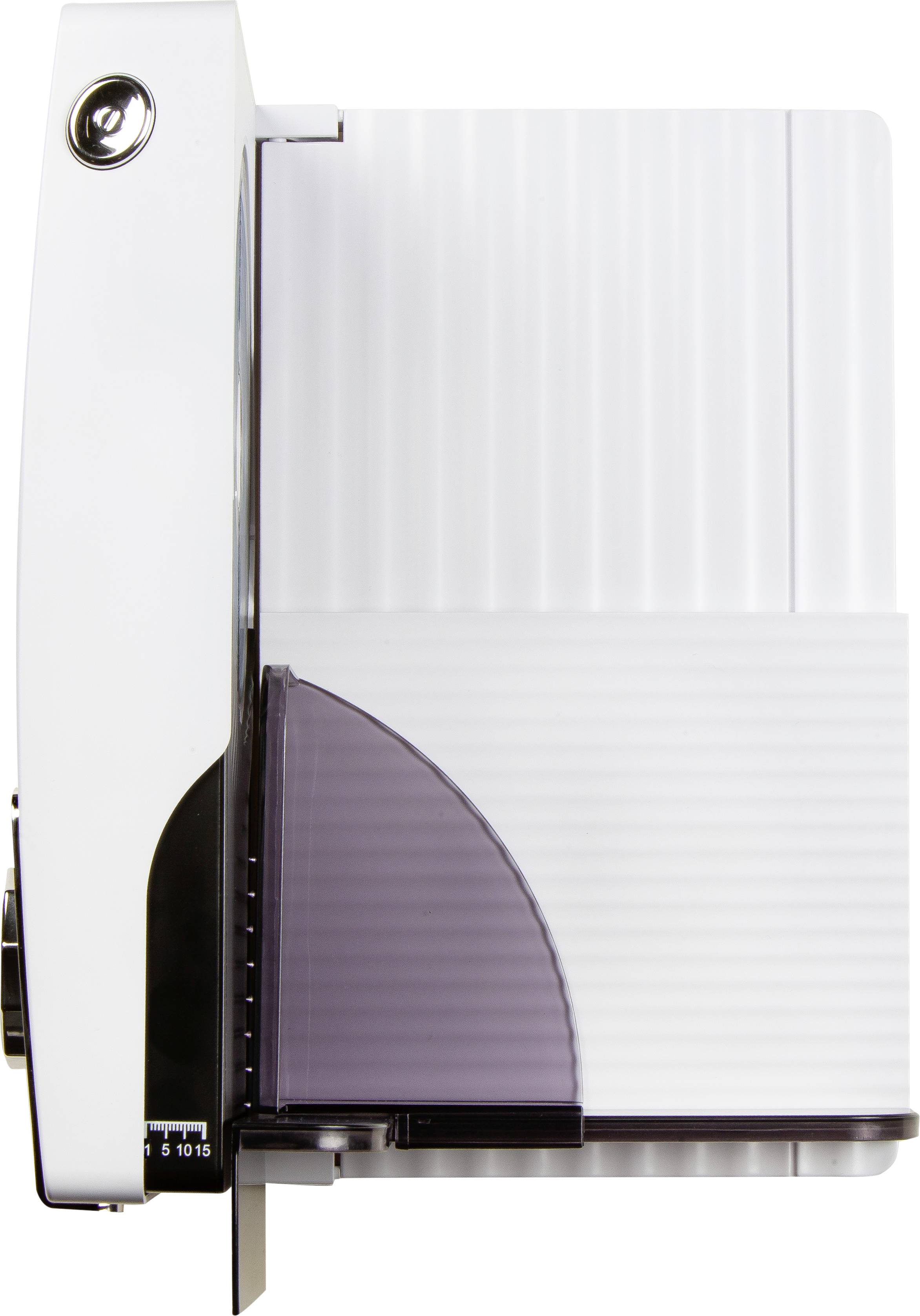 A vertical plastic file holder with a transparent, purple front and scaled markings on the side.