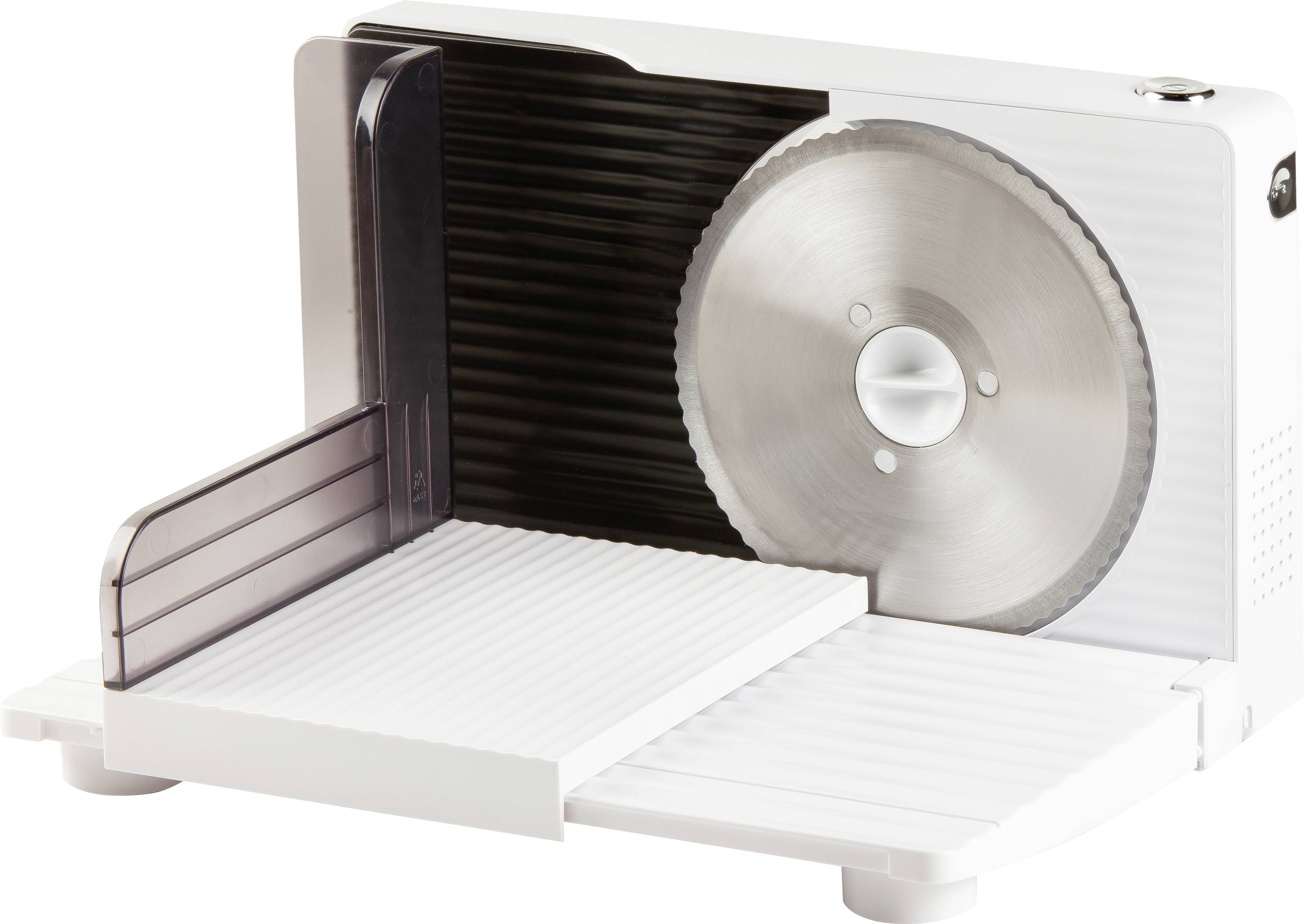 An electric multi-cutter with a silver blade and white casing, suitable for precise slicing of bread, meat and cheese.