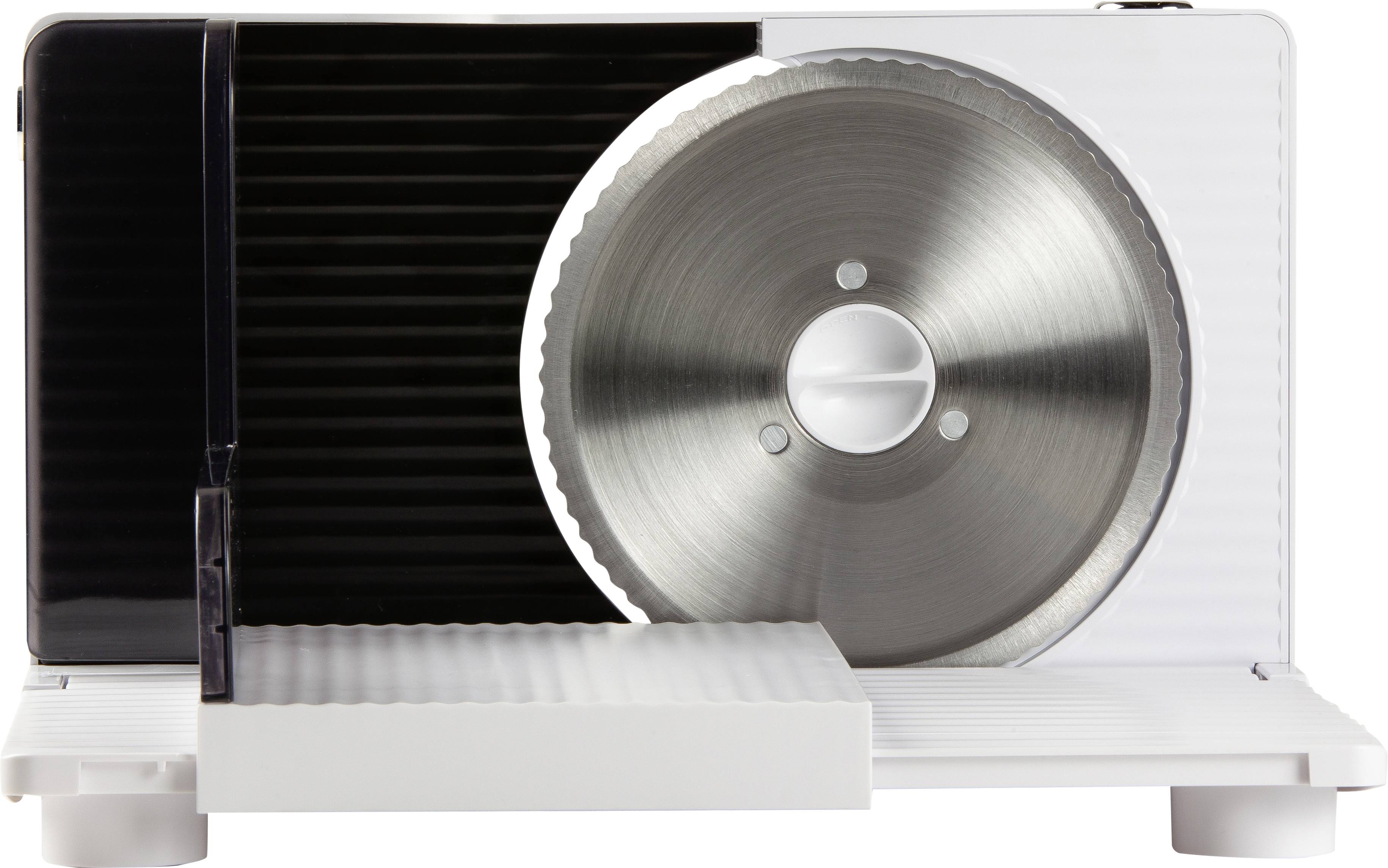 Electric all-purpose slicer with silver blade and white casing. Suitable for slicing bread, meat or cheese.