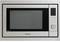 A silver microwave with a large glass window at the front and control buttons on the right. Brand name visible at the bottom of the front panel.