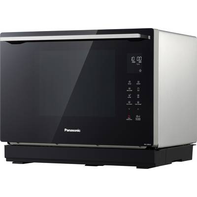 A silver and black microwave oven with a digital display and multiple control buttons on the right-hand side.