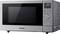 Silver Panasonic microwave with a digital display and multiple control buttons. Displaying the time as '10:00'.