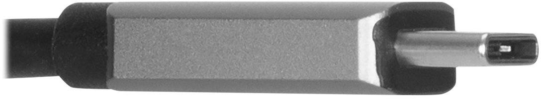 Close-up of a USB-C plug with a silver housing and black cable.