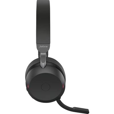 Black Jabra headset with microphone arm, viewed from the side. Suitable for telephone conferences and music.