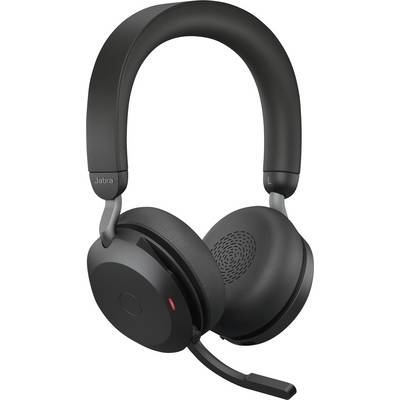 Wireless black headset with oval ear cushions and integrated microphone boom. Marked with 'Jabra' on the left side.