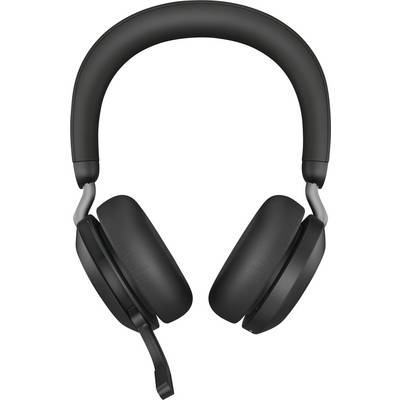 Black over-ear headphones with thick cushioning and a microphone arm on one side, shown from a frontal view.