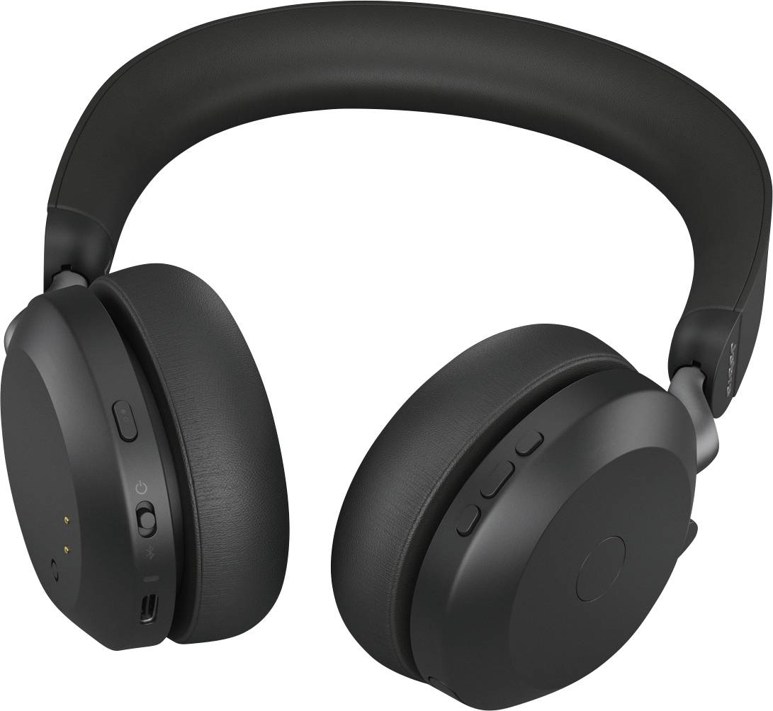 Black wireless over-ear headphones with buttons on the earpiece for volume control and playback, featuring a padded headband.
