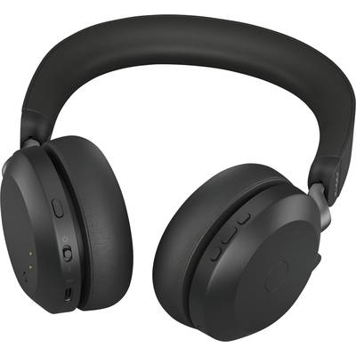 Black wireless over-ear headphones with buttons on the earpiece for volume control and playback, featuring a padded headband.