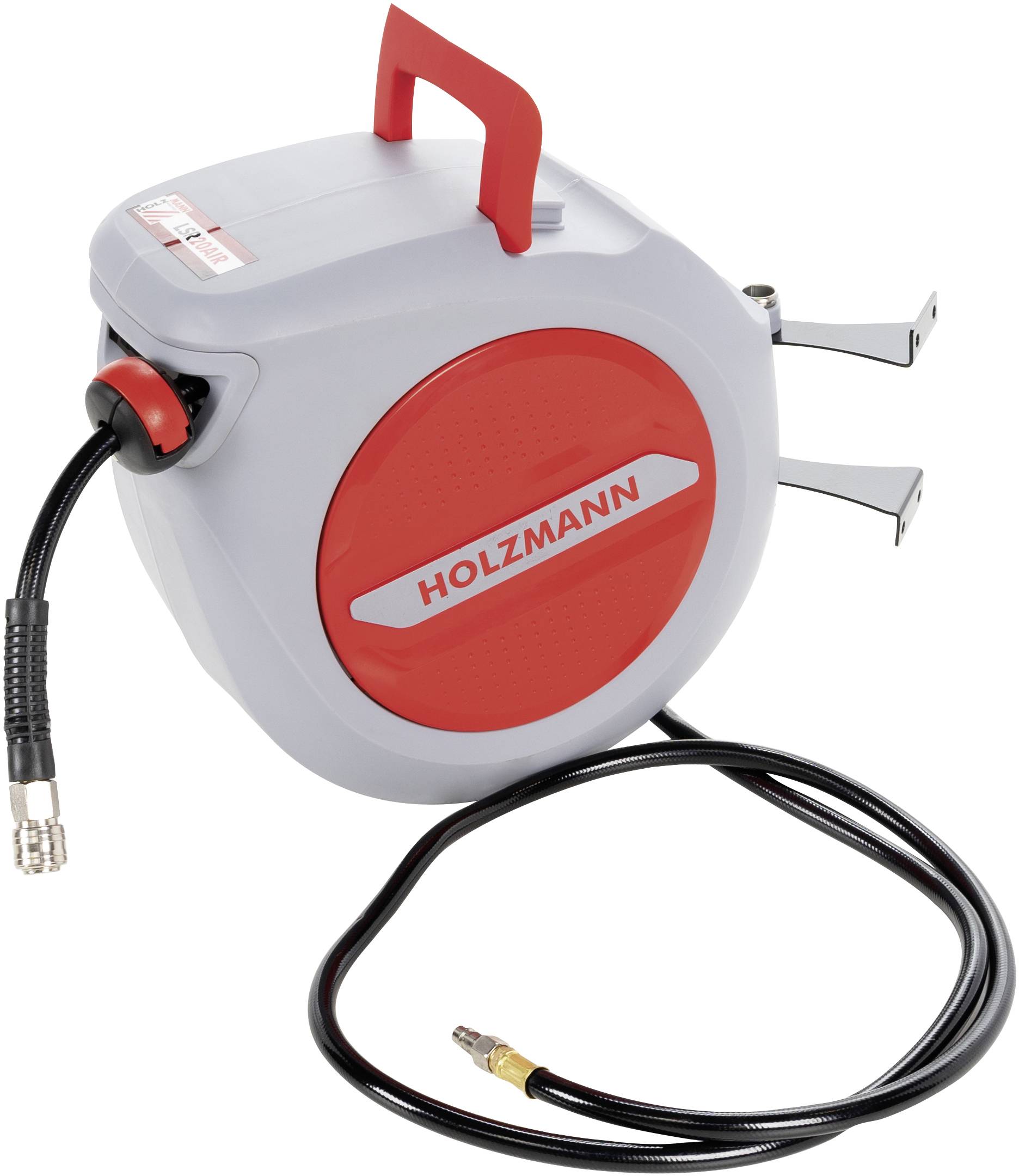 Automatic hose reel in grey with a red handle and housing, marked with 'HOLZMANN'. A black hose is connected.