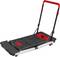 A folding trolley with a red handle and black loading surface. Suitable for transporting parcels or shopping.