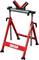 A red, adjustable metal stand with a holder, ideal for stabilising workpieces. Includes a flat base for balance.