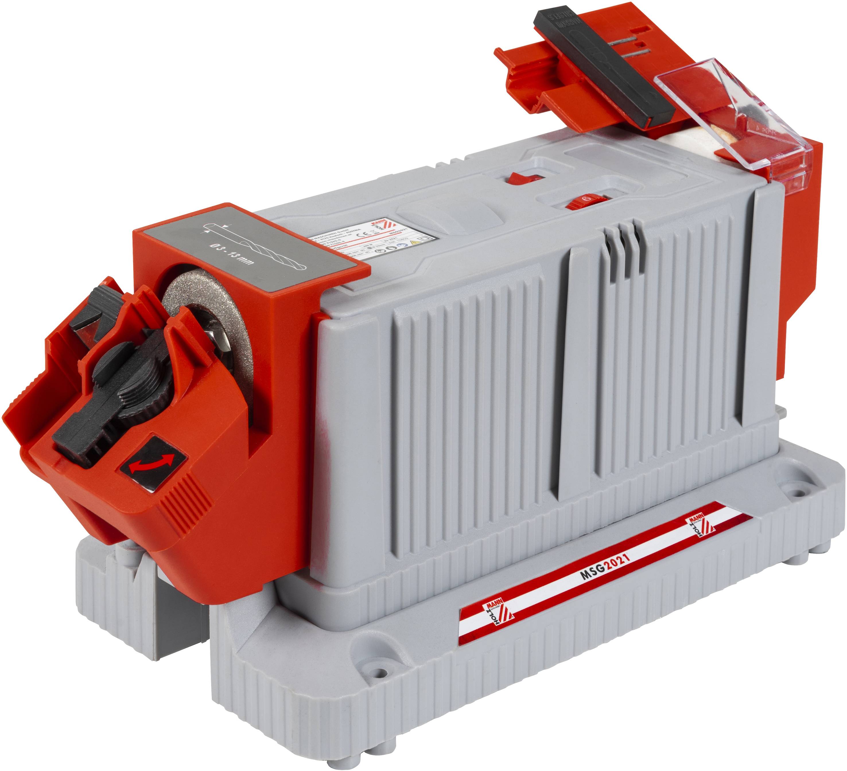 A grey, rectangular electric pencil sharpener with red accents, a slot for inserting pencils, and a grinding stone.